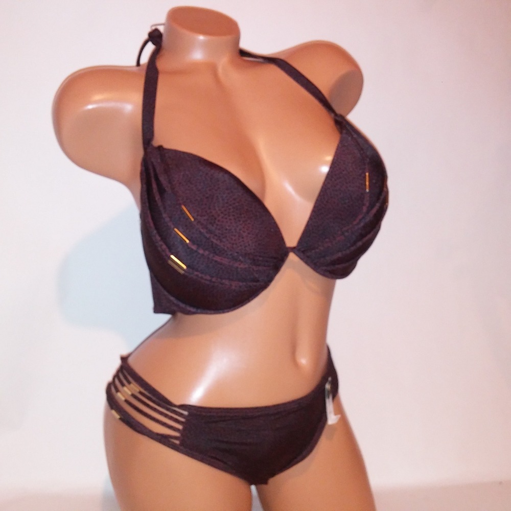 Victoria Secret Swim Bikini 36DD Top Medium Bottom Brown Black Dots Push Up New